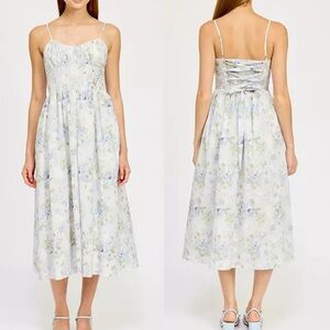 En Saison Scarlet Printed Corset Midi Dress Floral Lace Back Full Skirt L EUC